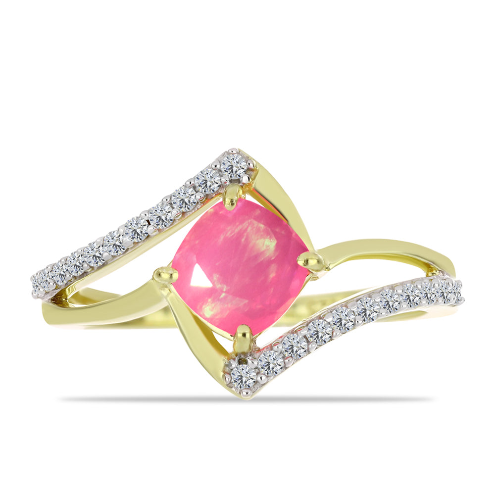 Pozlacené Stříbro 925/1000 - Prsten s Růžovým Etiopským Opálem z Lega Dembi a Bílým Topazem - Karátové číslo: 0.69. přibližná hmotnost: 2.18 gramů