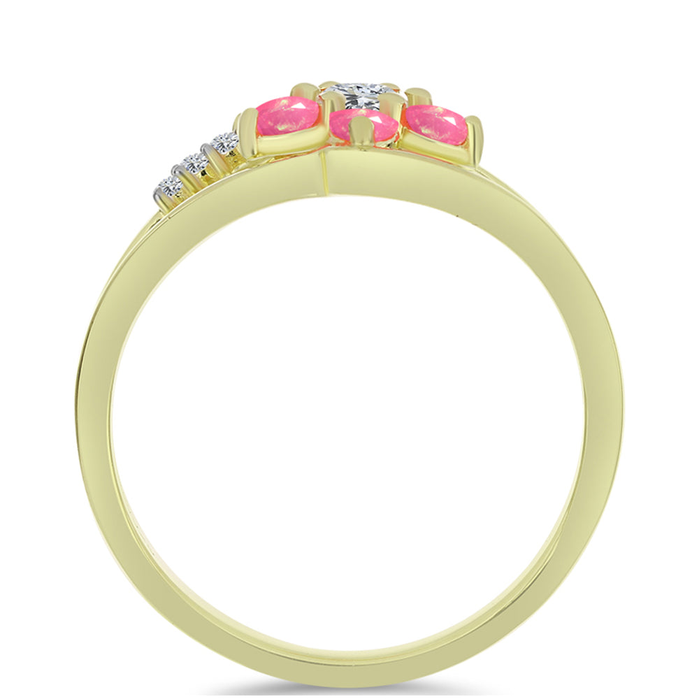 Pozlacené Stříbro 925/1000 - Prsten s Růžovým Etiopským Opálem z Lega Dembi a Bílým Topazem - Karátové číslo: 0.66. přibližná hmotnost: 2.61 gramů