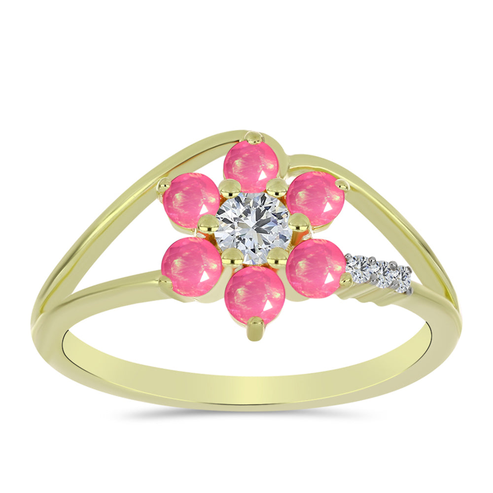 Pozlacené Stříbro 925/1000 - Prsten s Růžovým Etiopským Opálem z Lega Dembi a Bílým Topazem - Karátové číslo: 0.66. přibližná hmotnost: 2.61 gramů