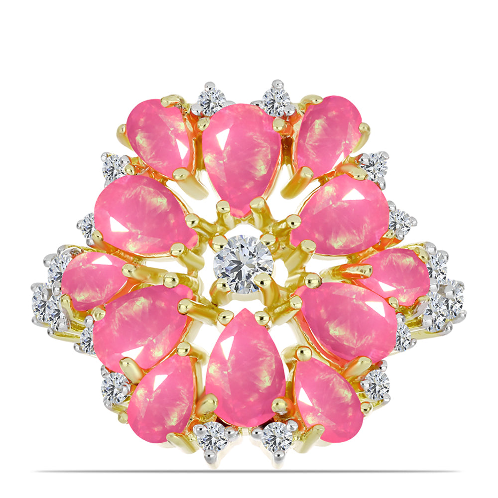 Pozlacené Stříbro 925/1000 - Prsten s Růžovým Etiopským Opálem z Lega Dembi a Bílým Topazem - Karátové číslo: 2.76. přibližná hmotnost: 6.56 gramů 1 