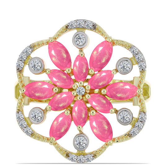 Pozlacené Stříbro 925/1000 - Prsten s Růžovým Etiopským Opálem z Lega Dembi a Bílým Topazem - Karátové číslo: 1.57. přibližná hmotnost: 6.38 gramů