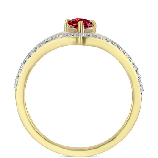 Pozlacené Stříbro 925/1000 - Prsten s Majestátním červeným moissanitem a Bílým Topazem - Karátové číslo: 0.62. přibližná hmotnost: 2.86 gramů