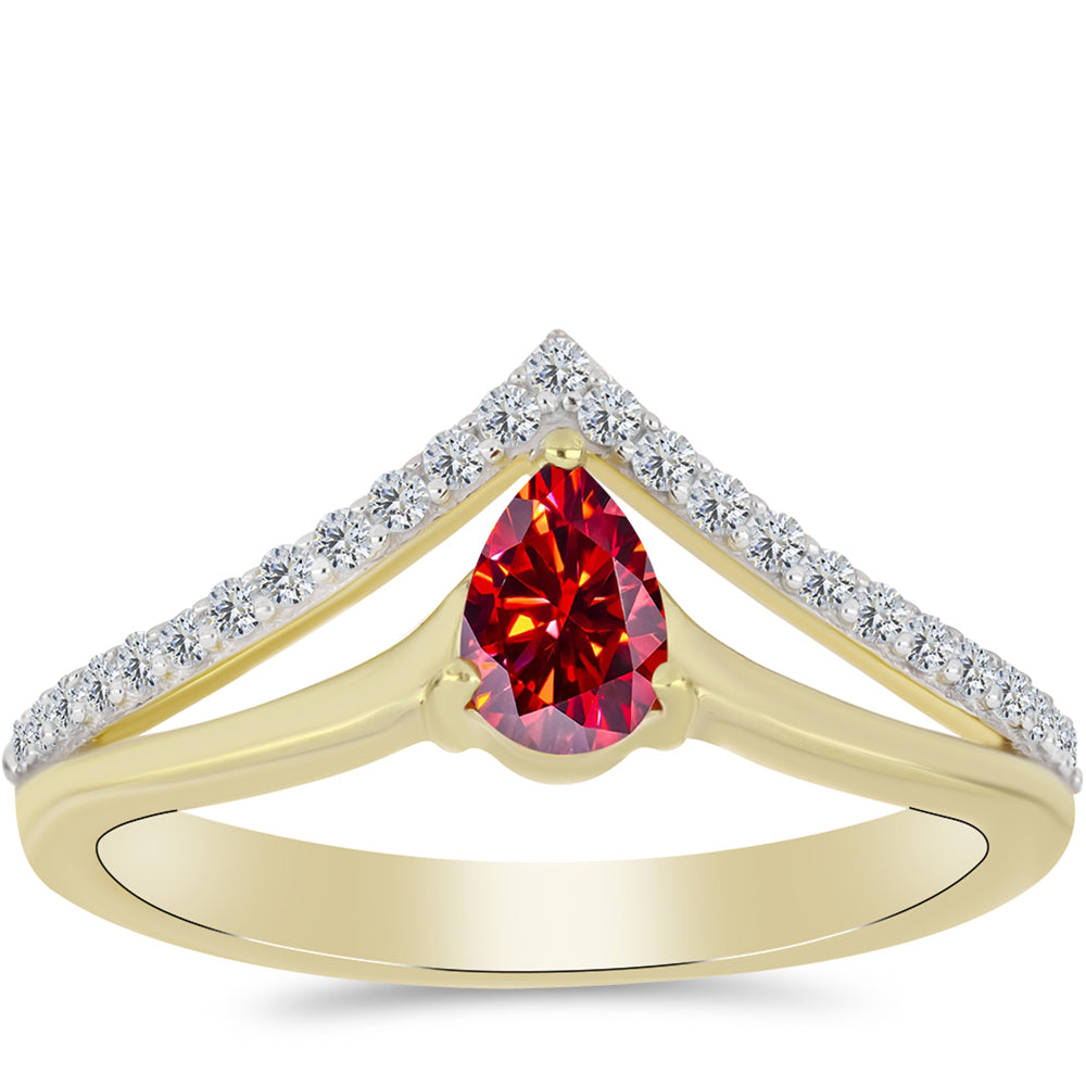 Pozlacené Stříbro 925/1000 - Prsten s Majestátním červeným moissanitem a Bílým Topazem - Karátové číslo: 0.62. přibližná hmotnost: 2.86 gramů