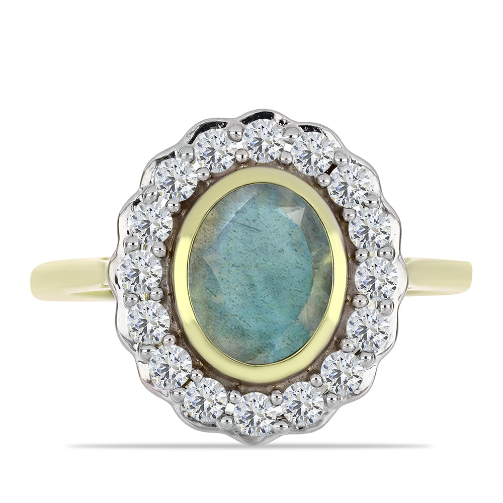 Pozlacené stříbro 925/1000 Prsten s Labradoritem a Bílým Topazem - Karátové číslo: 1.89. přibližná hmotnost: 3.57 gramů