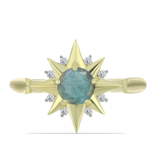 Pozlacené Stříbro 925/1000 - Prsten s Labradoritem a Bílým Topazem - Karátové číslo: 0.97. přibližná hmotnost: 3.8 gramů