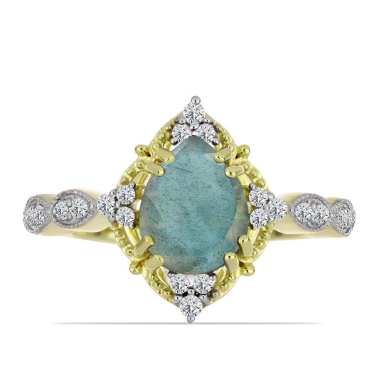 Pozlacený Stříbrný Prsten s Labradoritem a Bílým Topazem