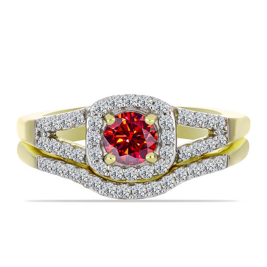 Pozlacené Stříbro 925/1000 - Prsten s Majestátním červeným moissanitem a Bílým Topazem - Karátové číslo: 1. přibližná hmotnost: 4.66 gramů