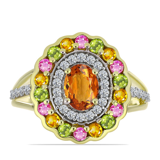 Pozlacený Stříbrný Prsten s Chakra Turmalínem a Bílým Topazem