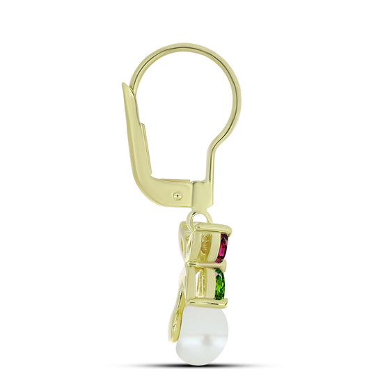 Pozlacené Stříbro 925/1000 - Náušnice s Chakra Turmalínem a Bílou Sladkovodní Perlou - Karátové číslo: 3.23. přibližná hmotnost: 2.67 gramů