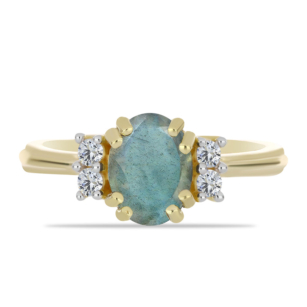 Pozlacené Stříbro 925/1000 - Prsten s Labradoritem a Bílým Topazem - Karátové číslo: 1.42. přibližná hmotnost: 2.84 gramů 1 