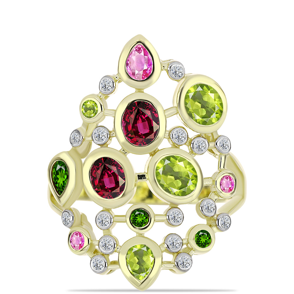 Pozlacené Stříbro 925/1000 - Prsten s Chakra Turmalínem a Bílým Topazem - Karátové číslo: 2.2. přibližná hmotnost: 6.18 gramů 1 