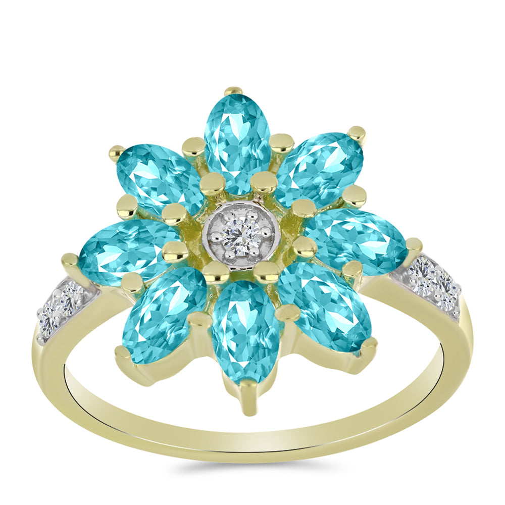 Pozlacené Stříbro 925/1000 - Prsten s Paraiba Křemenem a Bílým Topazem - Karátové číslo: 1.65. přibližná hmotnost: 3.26 gramů 3 