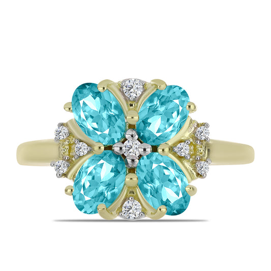 Pozlacené Stříbro 925/1000 - Prsten s Paraiba Křemenem a Bílým Topazem - Karátové číslo: 1.68. přibližná hmotnost: 3.25 gramů