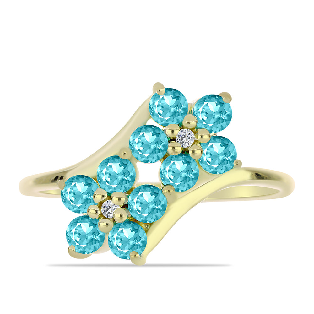 Pozlacené stříbro 925/1000 Prsten s Paraiba Křemenem a Bílým Topazem - Karátové číslo: 1.36. přibližná hmotnost: 2.62 gramů