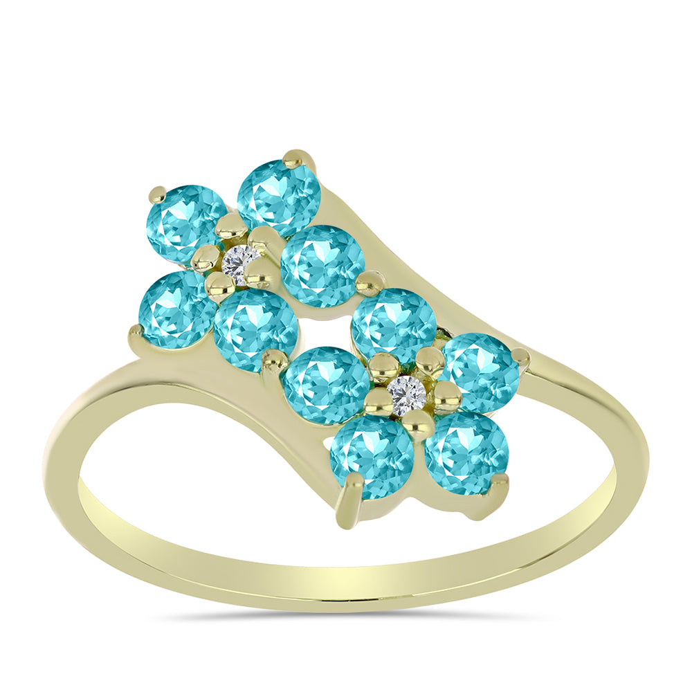 Pozlacené stříbro 925/1000 Prsten s Paraiba Křemenem a Bílým Topazem - Karátové číslo: 1.36. přibližná hmotnost: 2.62 gramů