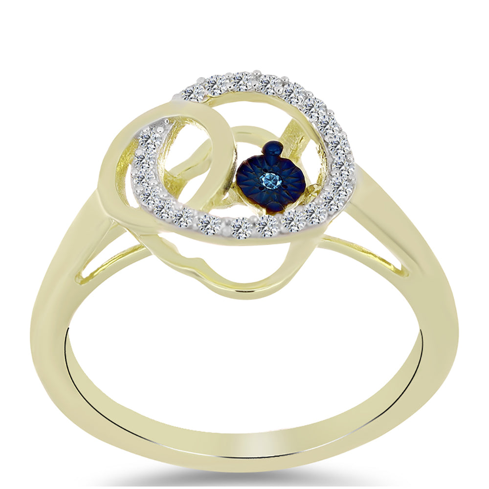 Pozlacené Stříbro 925/1000 - Prsten s Modrým tančícím diamantem a Bílým Topazem - Karátové číslo: 0.21. přibližná hmotnost: 2.81 gramů