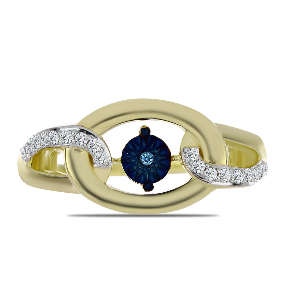 Pozlacené Stříbro 925/1000 - Prsten s Modrým tančícím diamantem a Bílým Topazem - Karátové číslo: 0.18. přibližná hmotnost: 4.55 gramů