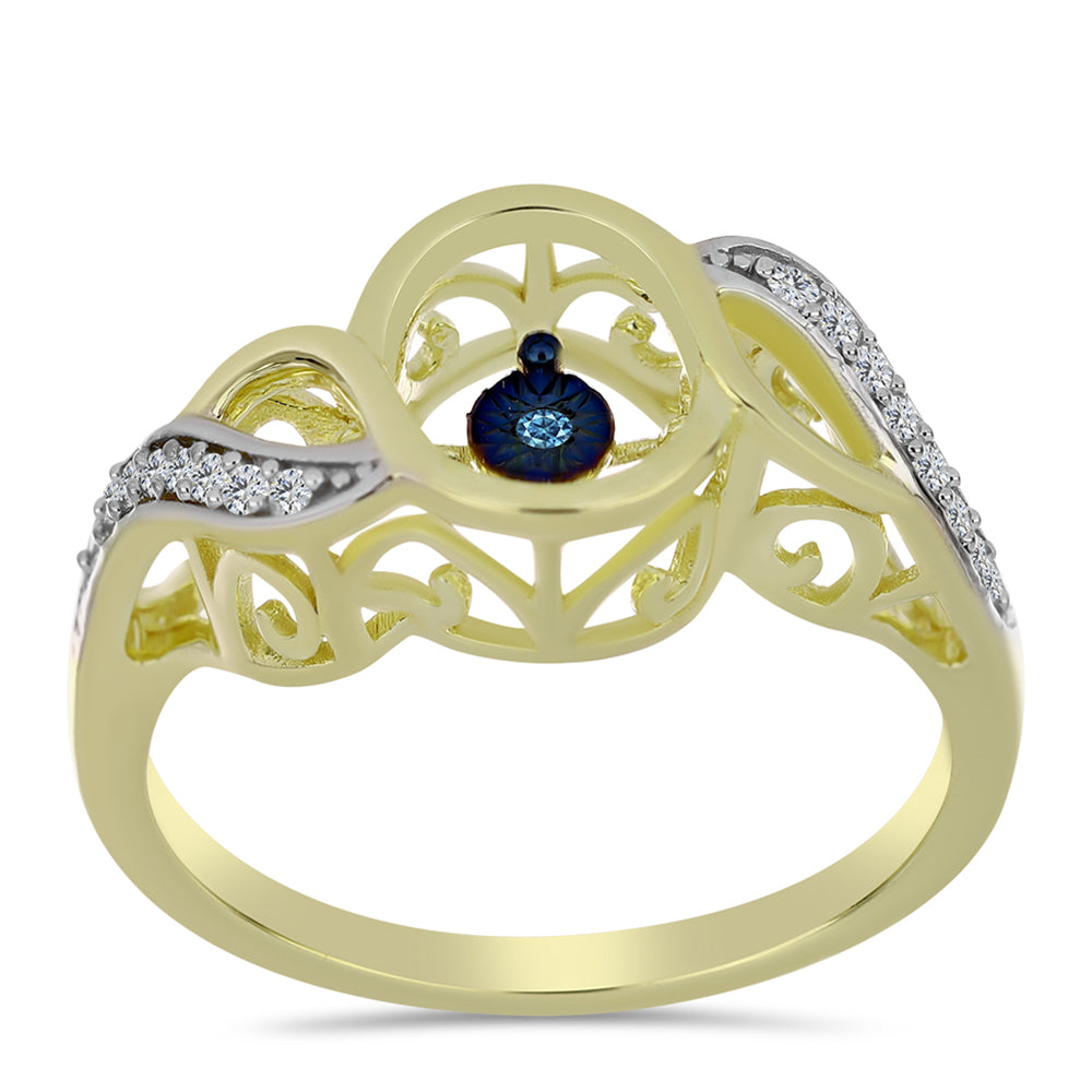 Pozlacené Stříbro 925/1000 - Prsten s Modrým tančícím diamantem a Bílým Topazem - Karátové číslo: 0.15. přibližná hmotnost: 3.4 gramů