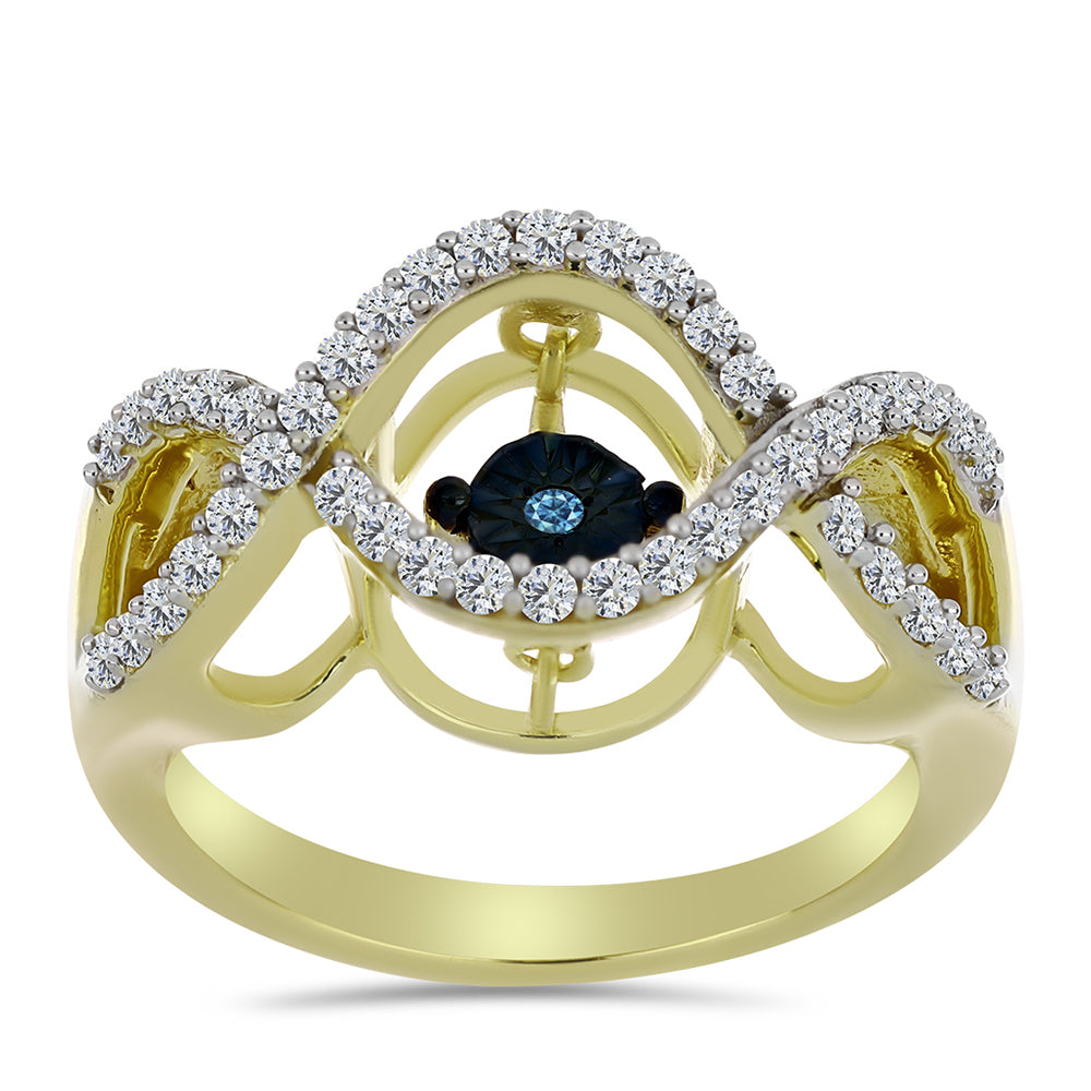 Pozlacené Stříbro 925/1000 - Prsten s Modrým tančícím diamantem a Bílým Topazem - Karátové číslo: 0.39. přibližná hmotnost: 3.88 gramů