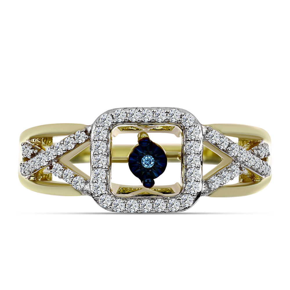 Pozlacené Stříbro 925/1000 - Prsten s Modrým tančícím diamantem a Bílým Topazem - Karátové číslo: 0.37. přibližná hmotnost: 4.65 gramů