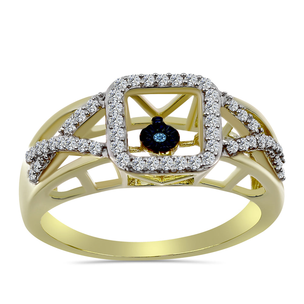 Pozlacené Stříbro 925/1000 - Prsten s Modrým tančícím diamantem a Bílým Topazem - Karátové číslo: 0.37. přibližná hmotnost: 4.65 gramů