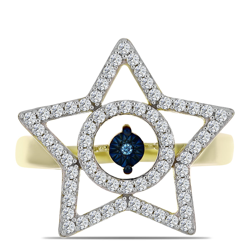 Pozlacené Stříbro 925/1000 - Prsten s Modrým tančícím diamantem a Bílým Topazem - Karátové číslo: 0.58. přibližná hmotnost: 5.08 gramů