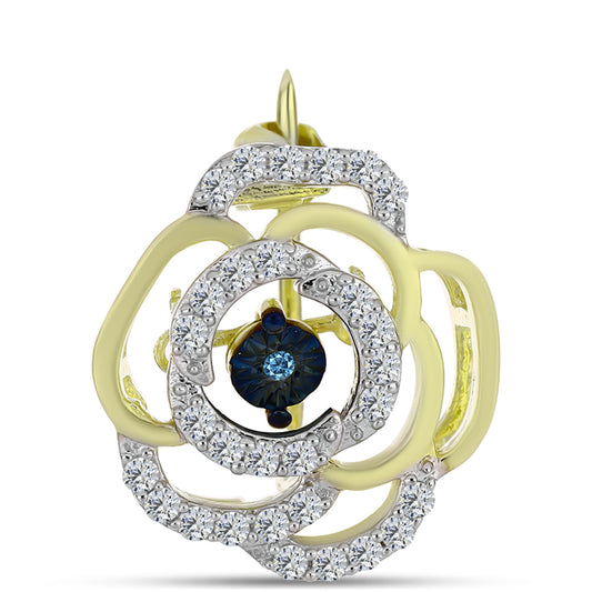 Pozlacené Stříbro 925/1000 - Brož s Modrým tančícím diamantem a Bílým Topazem - Karátové číslo: 0.27. přibližná hmotnost: 1.76 gramů