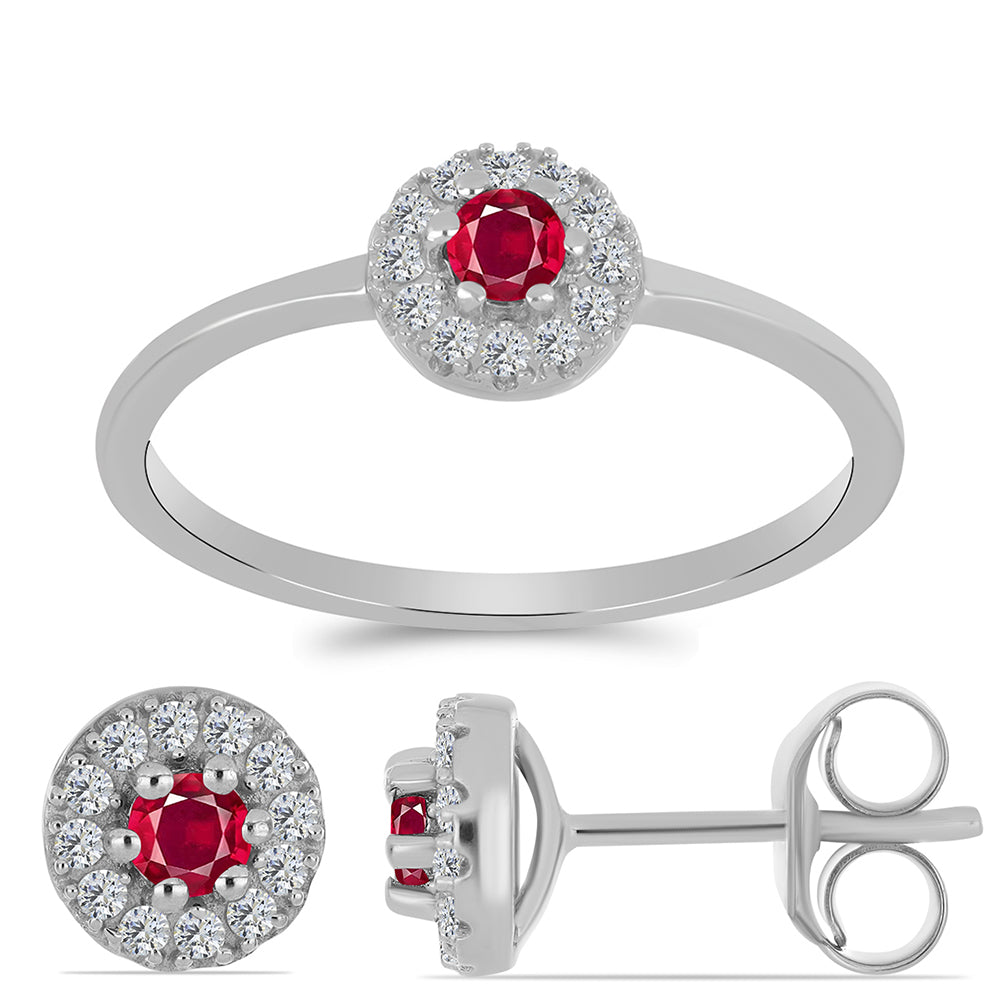 Stříbro 925/1000 - Sada s Madagaskarským Rubínem a Bílým Topazem - Karátové číslo: 0.78. přibližná hmotnost: 3.07 gramů ( Náušnice+Prsten )