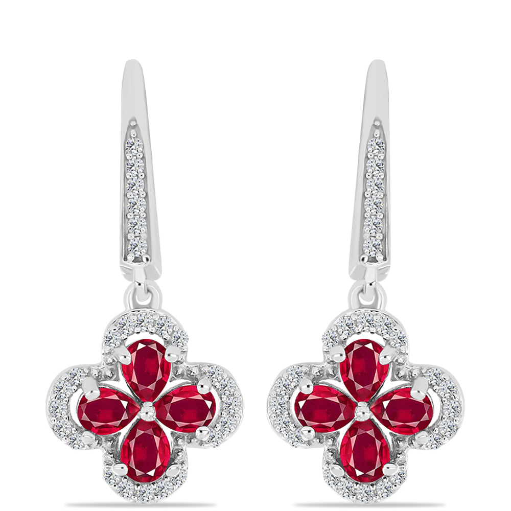 Stříbro 925/1000 - Náušnice s Madagaskarským Rubínem a Bílým Topazem - Karátové číslo: 2.12. přibližná hmotnost: 4.6 gramů