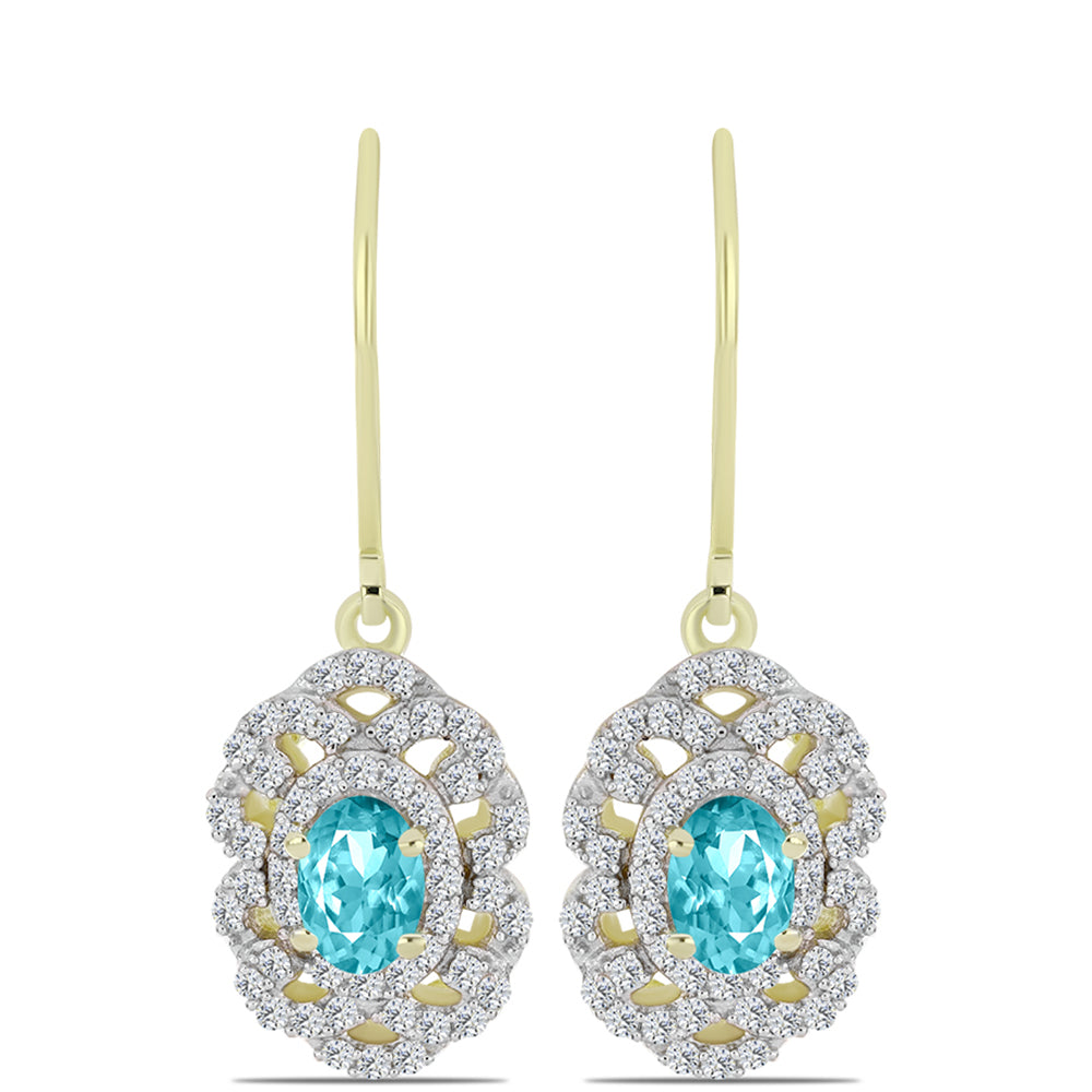 Pozlacené stříbro 925/1000 Náušnice s Paraiba Křemenem a Bílým Topazem - Karátové číslo: 1.48. přibližná hmotnost: 3.99 gramů