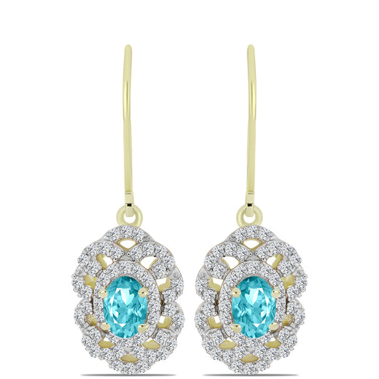 Pozlacené stříbro 925/1000 Náušnice s Paraiba Křemenem a Bílým Topazem - Karátové číslo: 1.48. přibližná hmotnost: 3.99 gramů