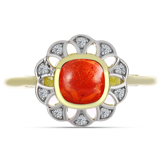 Pozlacený Stříbrný Prsten s Červeným Houbovým Korálem a Bílým Topazem