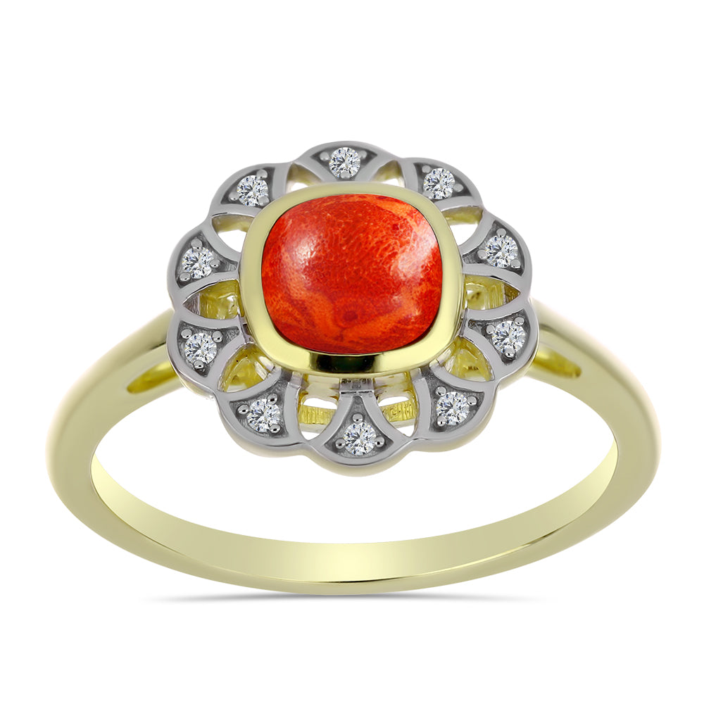 Pozlacený Stříbrný Prsten s Červeným Houbovým Korálem a Bílým Topazem