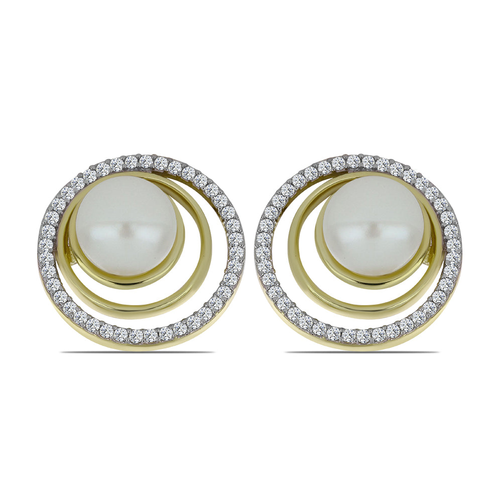 Pozlacené Stříbro 925/1000 - Náušnice s Bílou Sladkovodní Perlou a Bílým Topazem - Karátové číslo: 6.03. přibližná hmotnost: 5.08 gramů