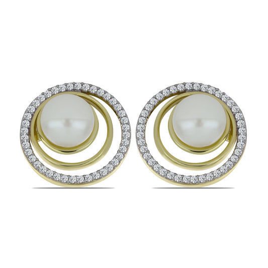 Pozlacené Stříbro 925/1000 - Náušnice s Bílou Sladkovodní Perlou a Bílým Topazem - Karátové číslo: 6.03. přibližná hmotnost: 5.08 gramů