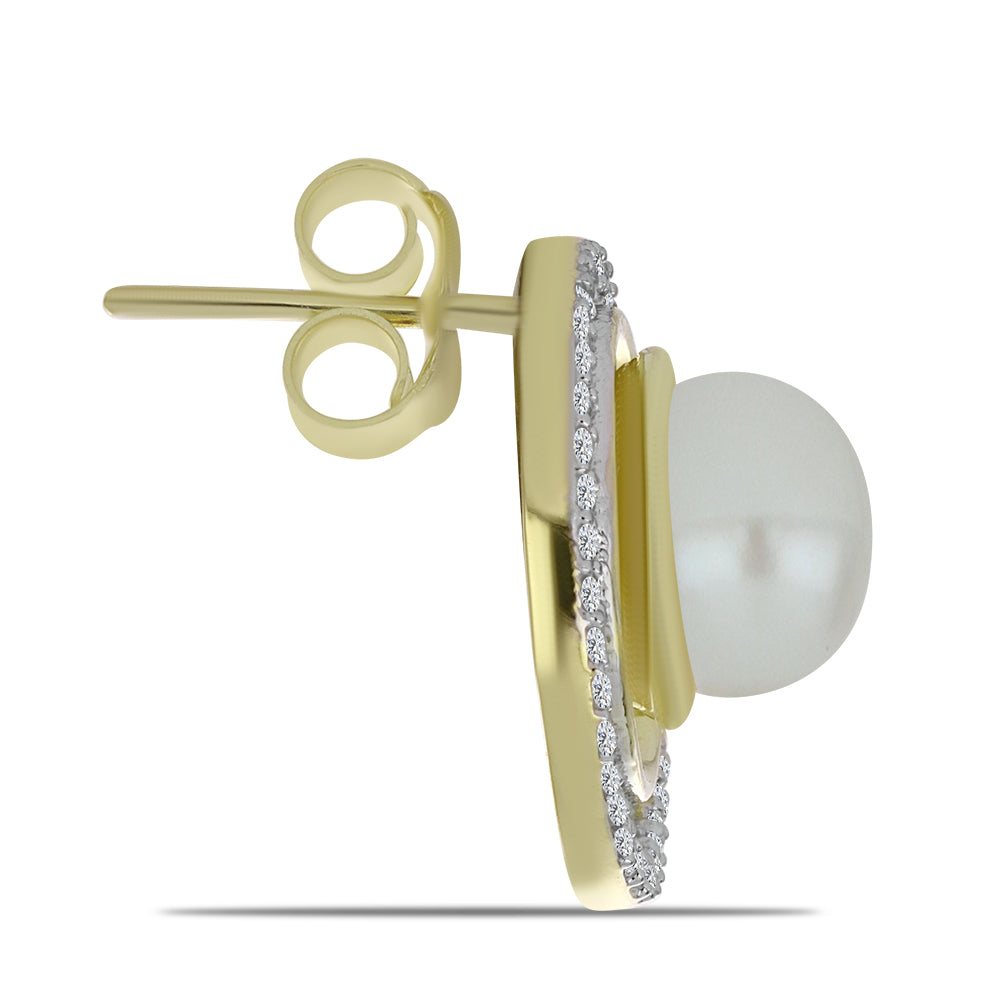 Pozlacené Stříbro 925/1000 - Náušnice s Bílou Sladkovodní Perlou a Bílým Topazem - Karátové číslo: 6.03. přibližná hmotnost: 5.08 gramů 2 