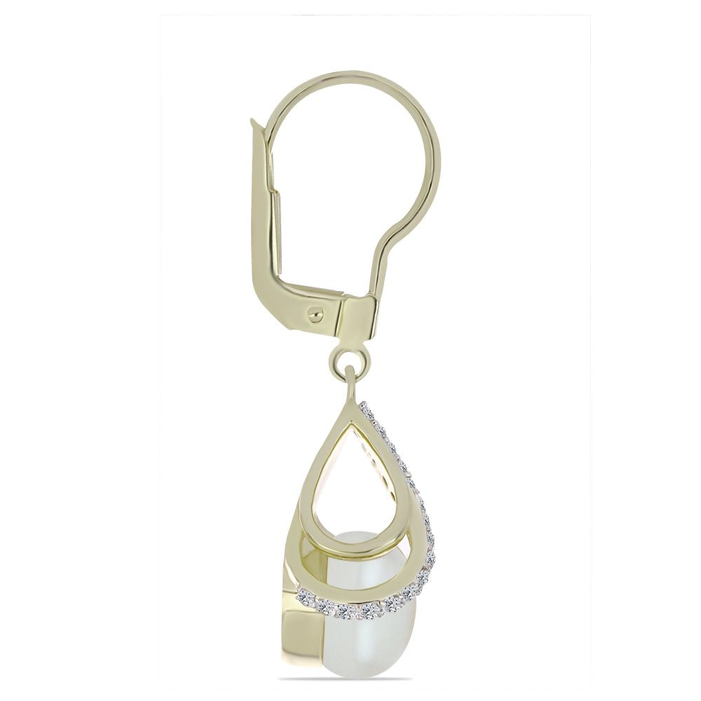 Pozlacené Stříbro 925/1000 - Náušnice s Bílou Sladkovodní Perlou a Bílým Topazem - Karátové číslo: 6.16. přibližná hmotnost: 5.54 gramů 2 