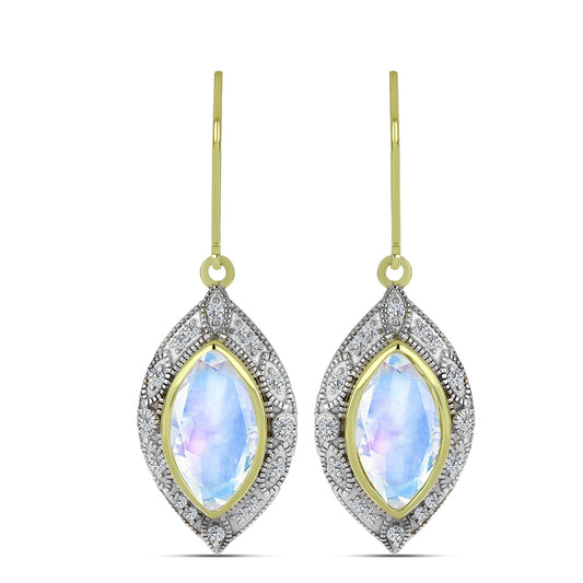 Pozlacené Stříbro 925/1000 - Náušnice s Duhovým Měsíčním Kamenem a Bílým Topazem - Karátové číslo: 5.97. přibližná hmotnost: 6.01 gramů