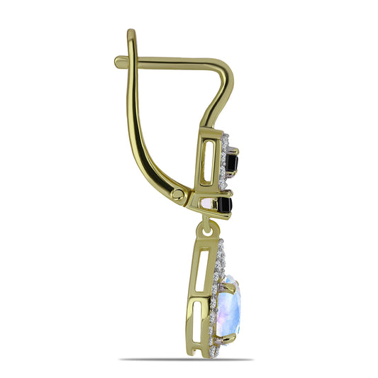 Pozlacené Stříbrné Náušnice s Duhovým Měsíčním Kamenem a Černým spinelem