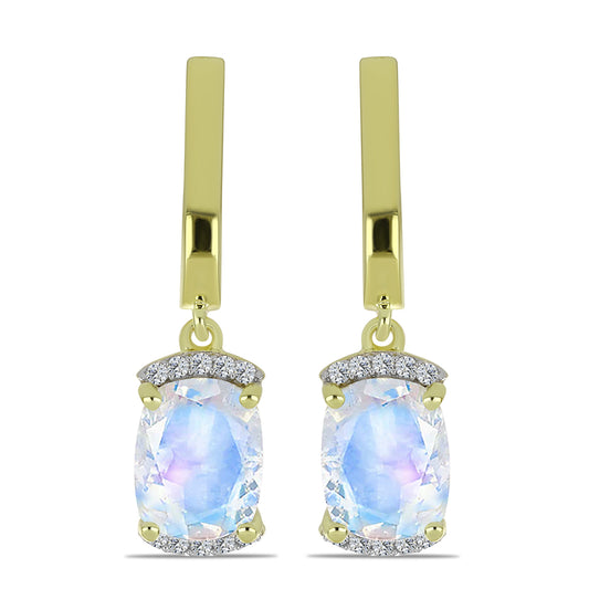 Pozlacené stříbro 925/1000 Náušnice s Duhovým Měsíčním Kamenem a Bílým Topazem - Karátové číslo: 4.21. přibližná hmotnost: 4.38 gramů