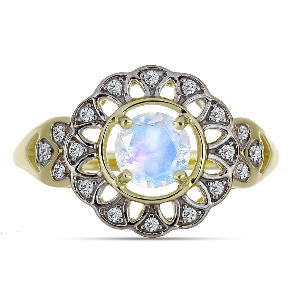 Pozlacené stříbro 925/1000 Prsten s Duhovým Měsíčním Kamenem a Bílým Topazem - Karátové číslo: 1.02. přibližná hmotnost: 3.39 gramů