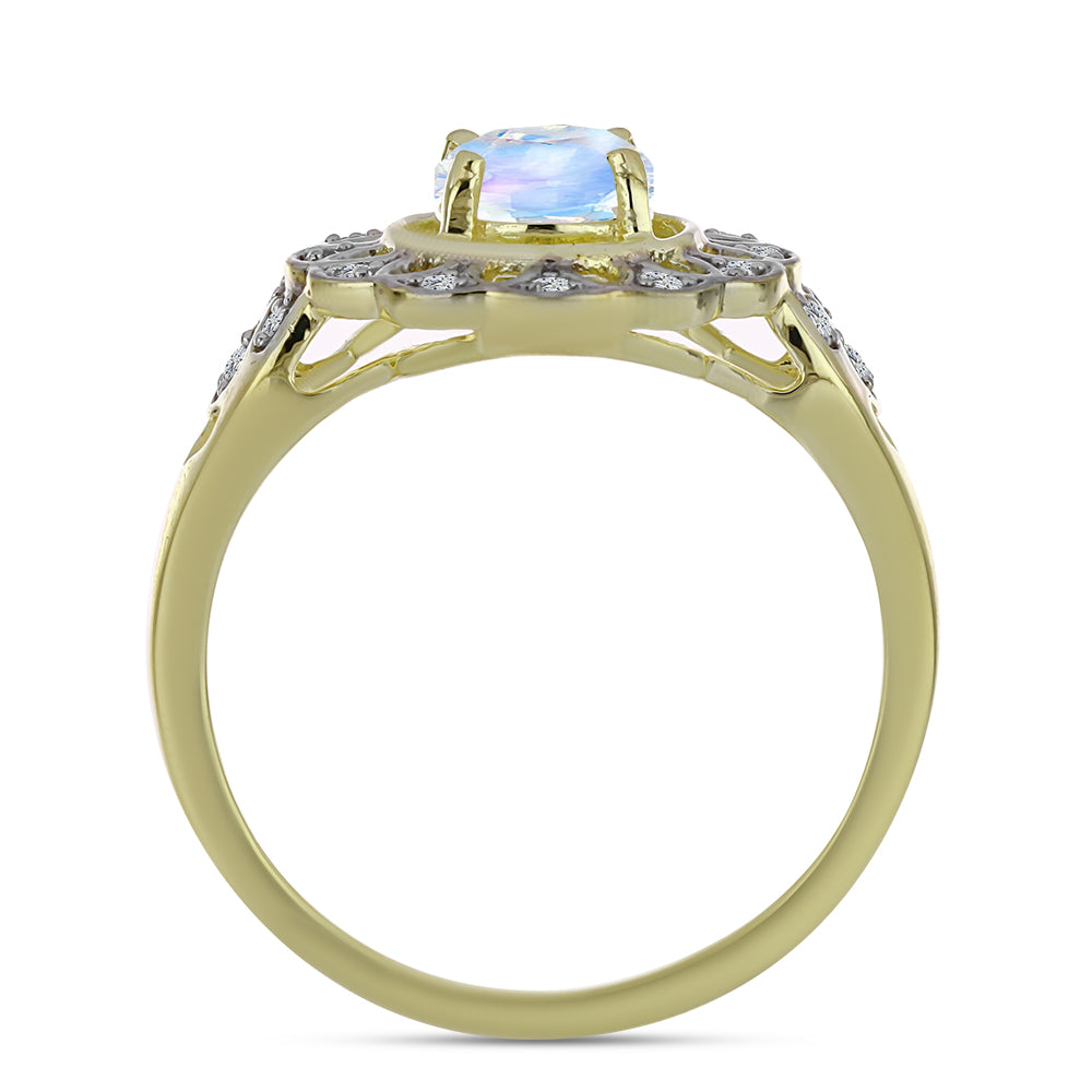 Pozlacené stříbro 925/1000 Prsten s Duhovým Měsíčním Kamenem a Bílým Topazem - Karátové číslo: 1.02. přibližná hmotnost: 3.39 gramů 2 