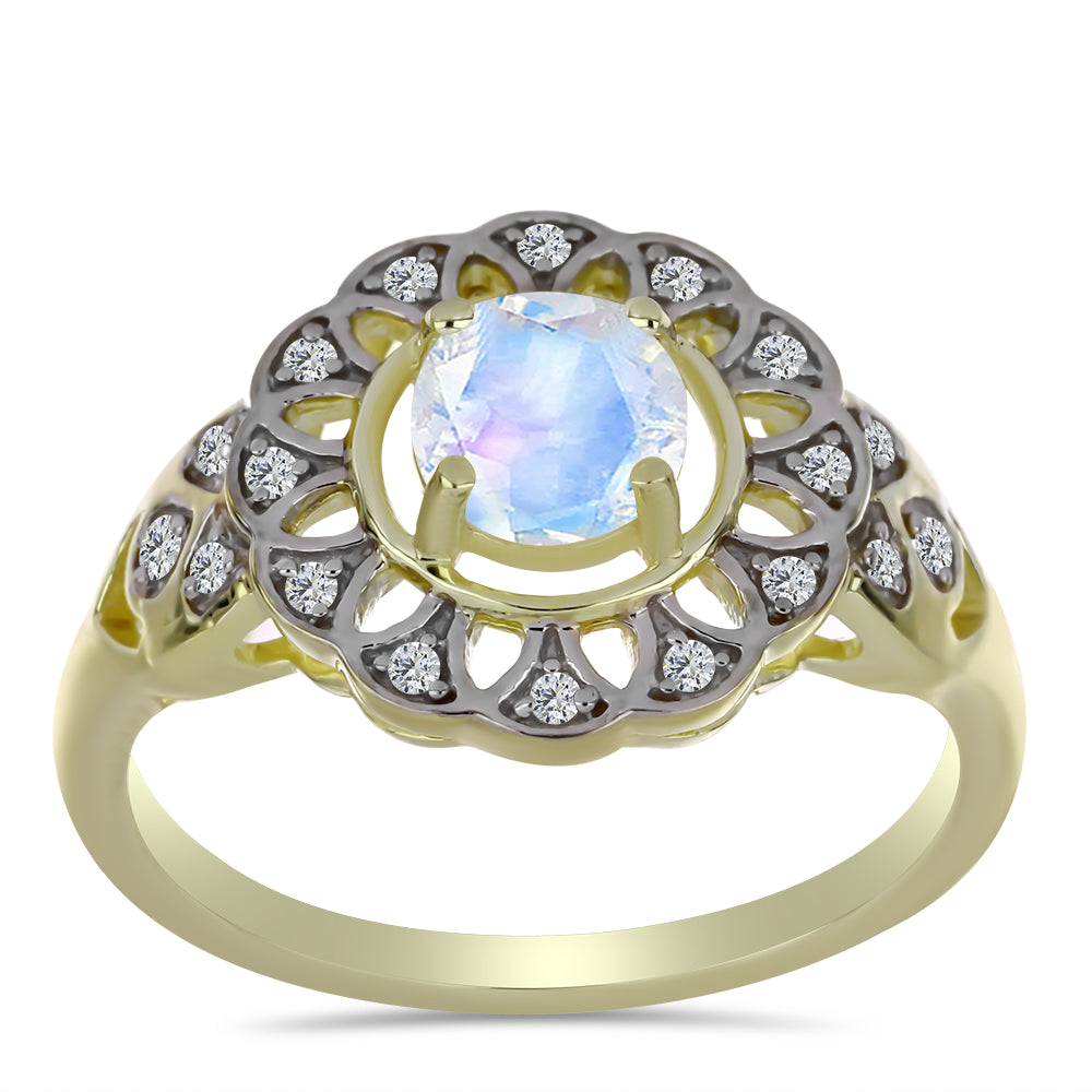 Pozlacené stříbro 925/1000 Prsten s Duhovým Měsíčním Kamenem a Bílým Topazem - Karátové číslo: 1.02. přibližná hmotnost: 3.39 gramů 3 