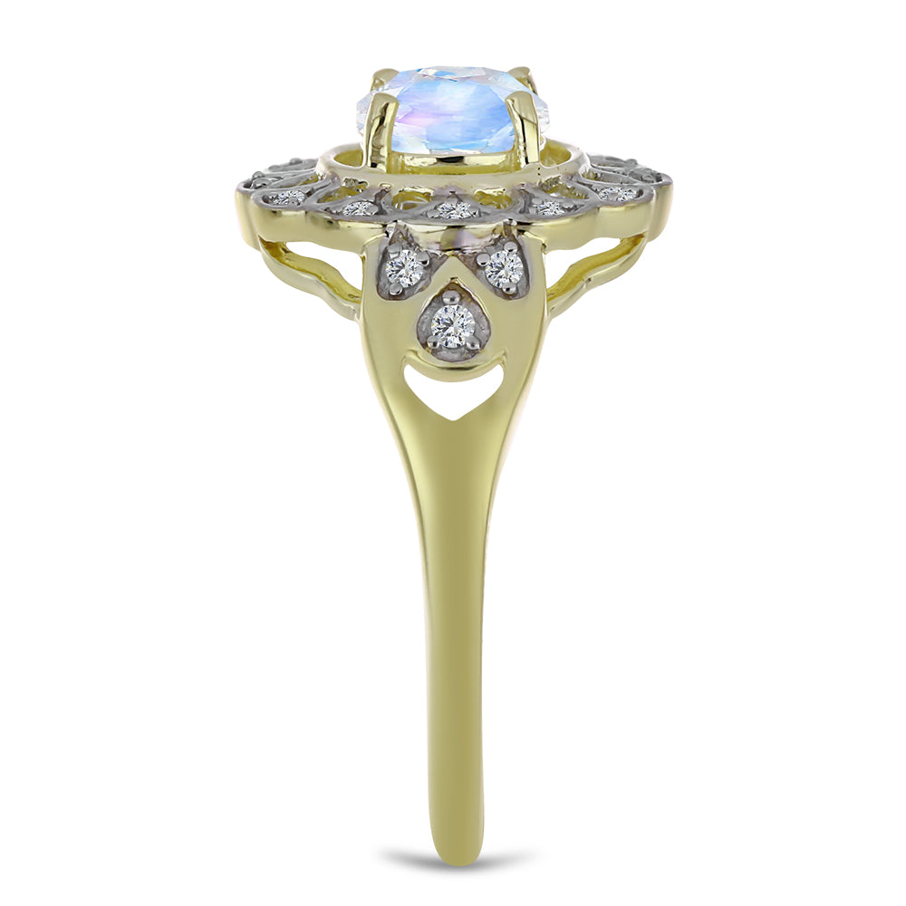 Pozlacené stříbro 925/1000 Prsten s Duhovým Měsíčním Kamenem a Bílým Topazem - Karátové číslo: 1.02. přibližná hmotnost: 3.39 gramů 4 