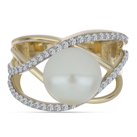 Pozlacený Stříbrný Prsten s Bílou Sladkovodní Perlou a Bílým Topazem