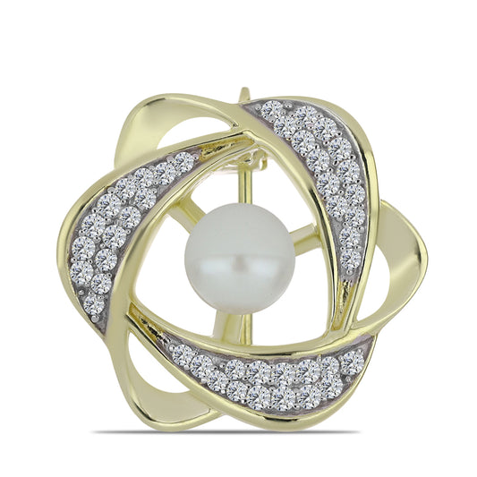Pozlacené Stříbro 925/1000 - Brož s Bílou Sladkovodní Perlou a Bílým Topazem - Karátové číslo: 1.59. přibližná hmotnost: 3.48 gramů