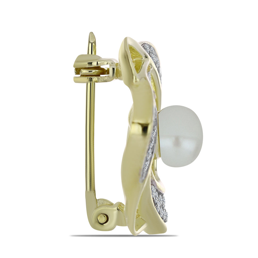 Pozlacené Stříbro 925/1000 - Brož s Bílou Sladkovodní Perlou a Bílým Topazem - Karátové číslo: 1.59. přibližná hmotnost: 3.48 gramů 2 