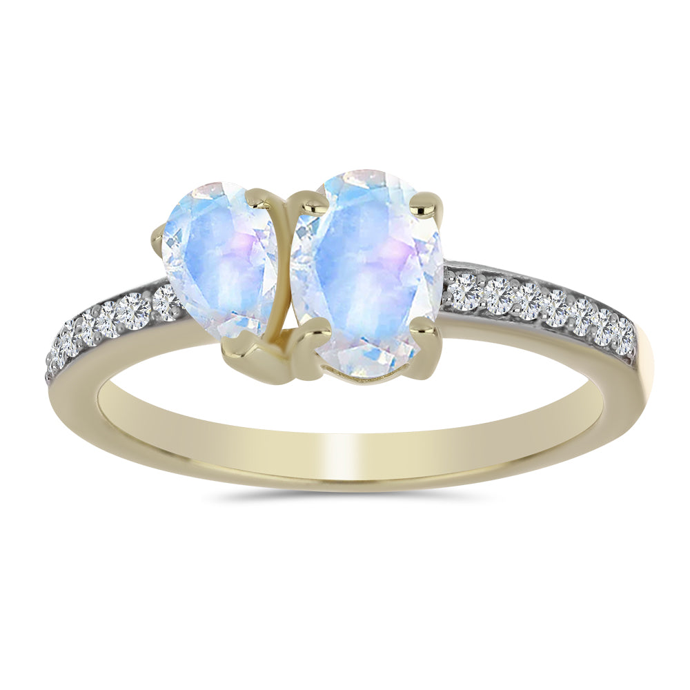 Pozlacené Stříbro 925/1000 - Prsten s Duhovým Měsíčním Kamenem a Bílým Topazem - Karátové číslo: 1.23. přibližná hmotnost: 2.37 gramů