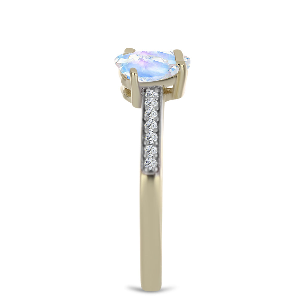 Pozlacené Stříbro 925/1000 - Prsten s Duhovým Měsíčním Kamenem a Bílým Topazem - Karátové číslo: 1.23. přibližná hmotnost: 2.37 gramů