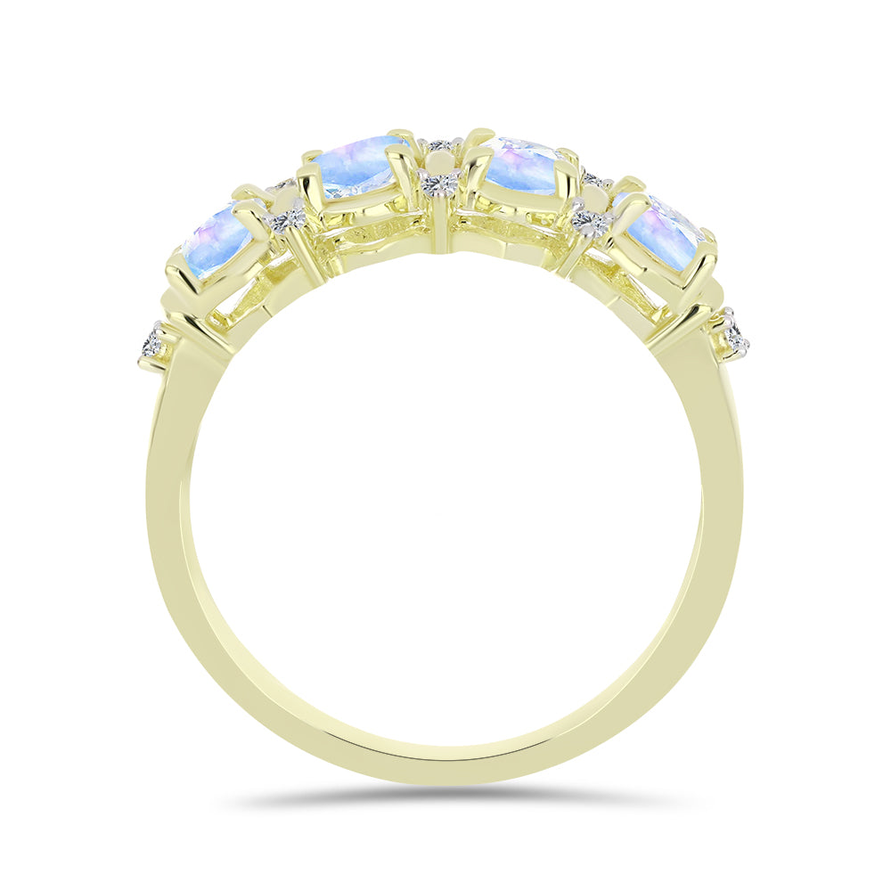 Pozlacené Stříbro 925/1000 - Prsten s Duhovým Měsíčním Kamenem a Bílým Topazem - Karátové číslo: 1.13. přibližná hmotnost: 2.88 gramů